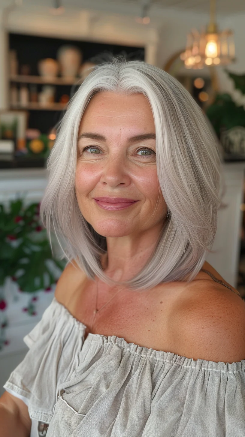 A smooth, shoulder-length bob with a middle part, showcasing a mix of silver and white tones. The hair is slightly layered, adding texture and volume. This elegant style is perfect for those embracing their natural grey hair with a chic twist.