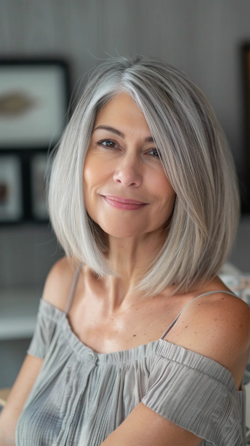A shoulder-length bob with a middle part, featuring silver hair. The hair is sleek and smooth, with blunt ends that give a clean and modern look. This style highlights the natural beauty of grey hair, offering a refined and polished appearance.