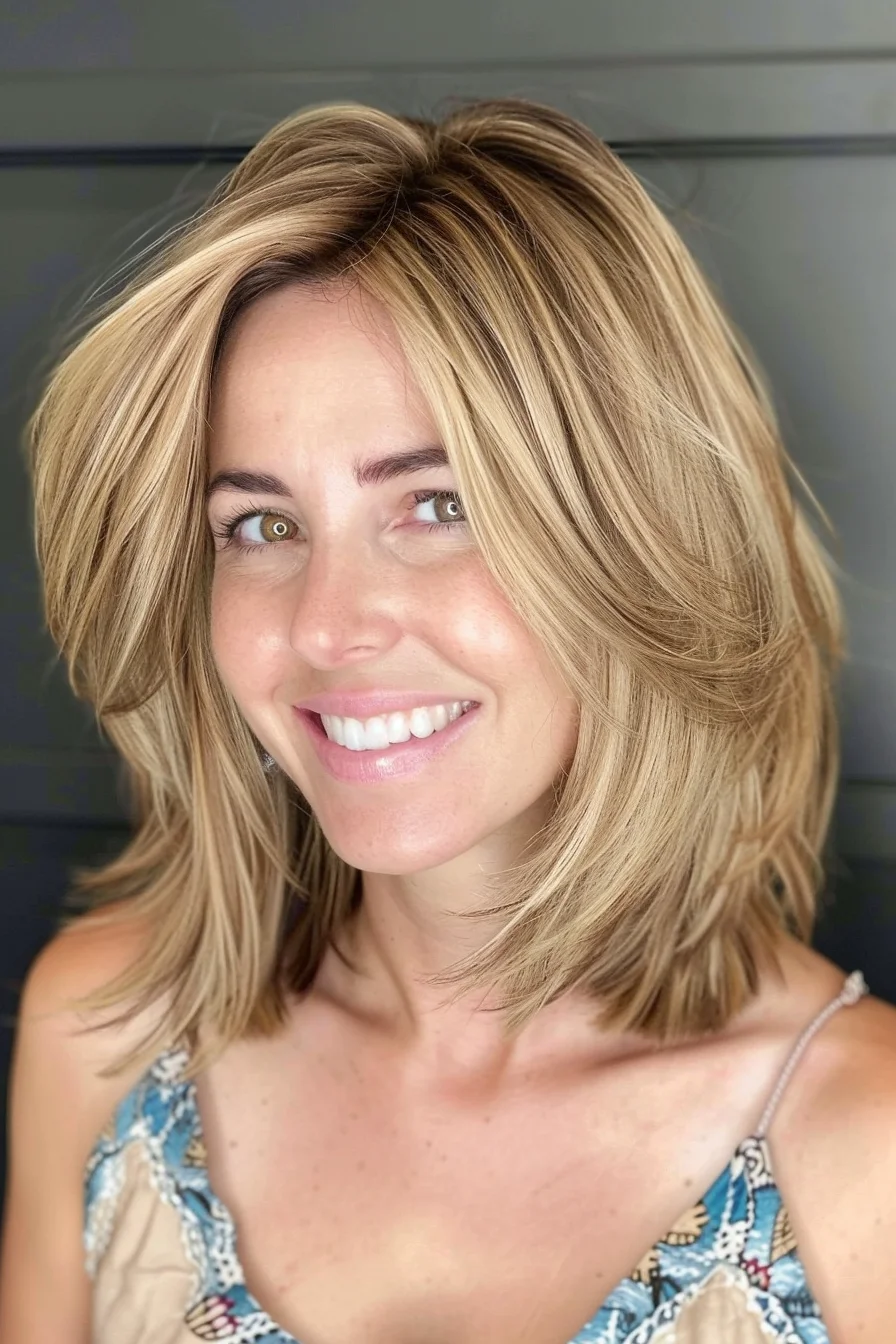 This shoulder-length bob is styled with soft layers and a side part, enhancing the volume and movement. The honey blonde color is warm and vibrant, adding a touch of brightness and dimension to the overall look.