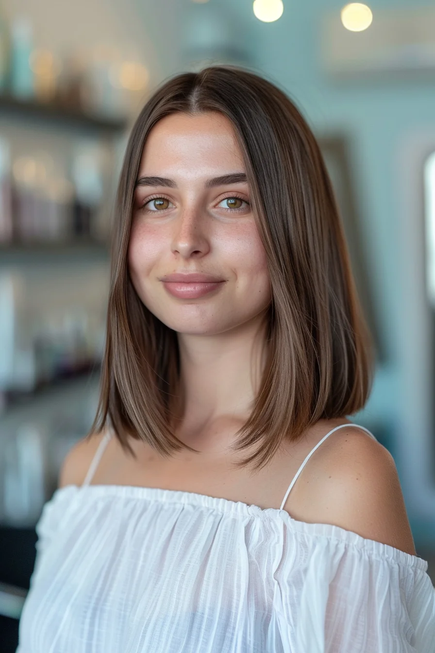 A sleek, shoulder-length bob with a middle part and blunt ends. The hair is a rich chocolate brown with subtle highlights, giving it a natural and healthy shine. The style is simple yet elegant, perfect for a polished everyday look.