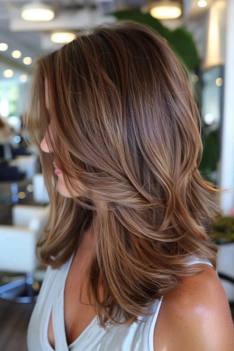 A smooth, shoulder-length cut with a middle part and warm caramel highlights. The hair is layered to add volume and movement, while the highlights create a sun-kissed effect, making this style both vibrant and natural-looking.