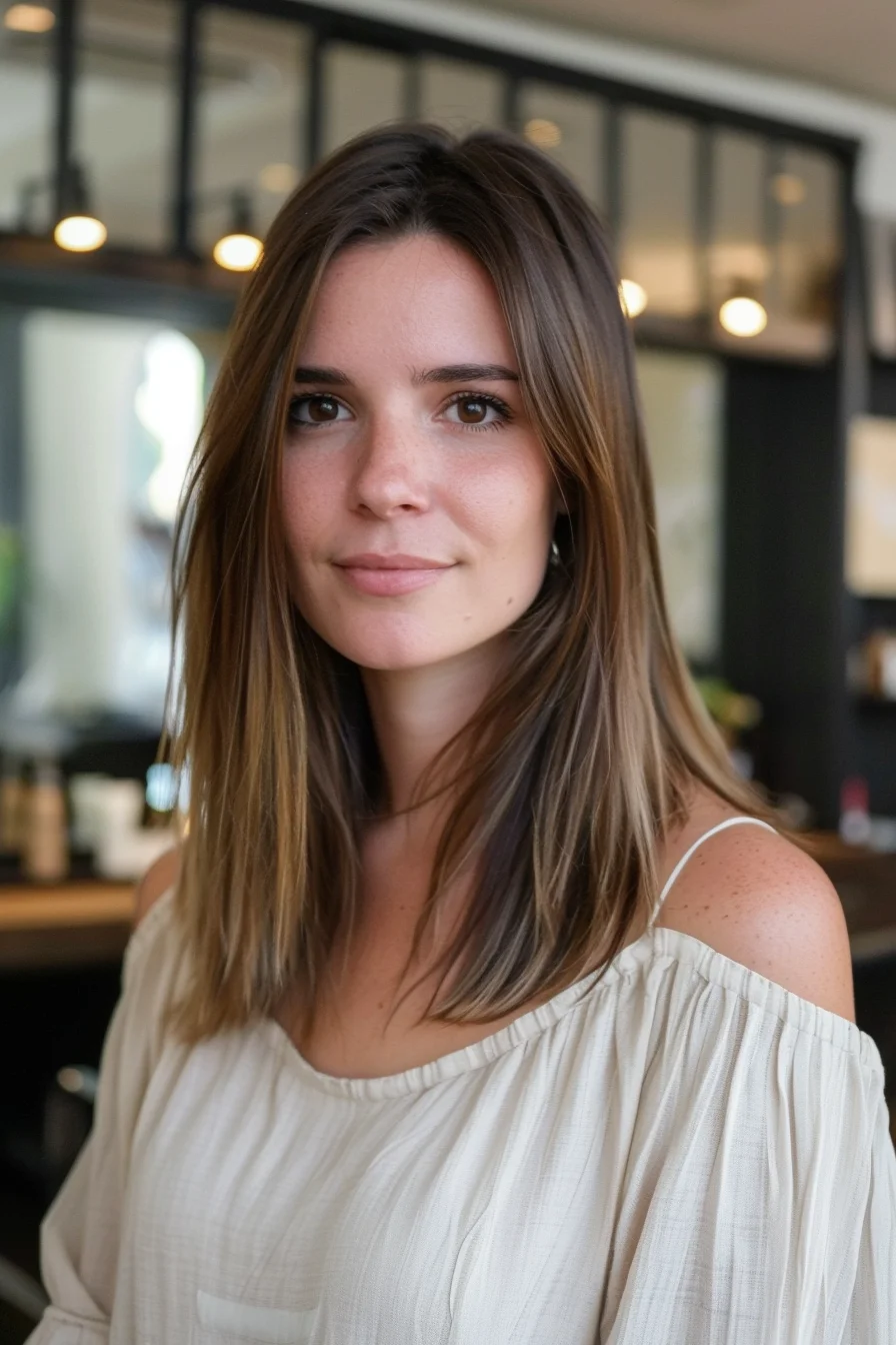 A sleek, shoulder-length bob with a middle part and rich brown hair. The subtle layers add volume and movement, while the uniform color provides a timeless and polished look. This hairstyle is perfect for those seeking a versatile and elegant style.