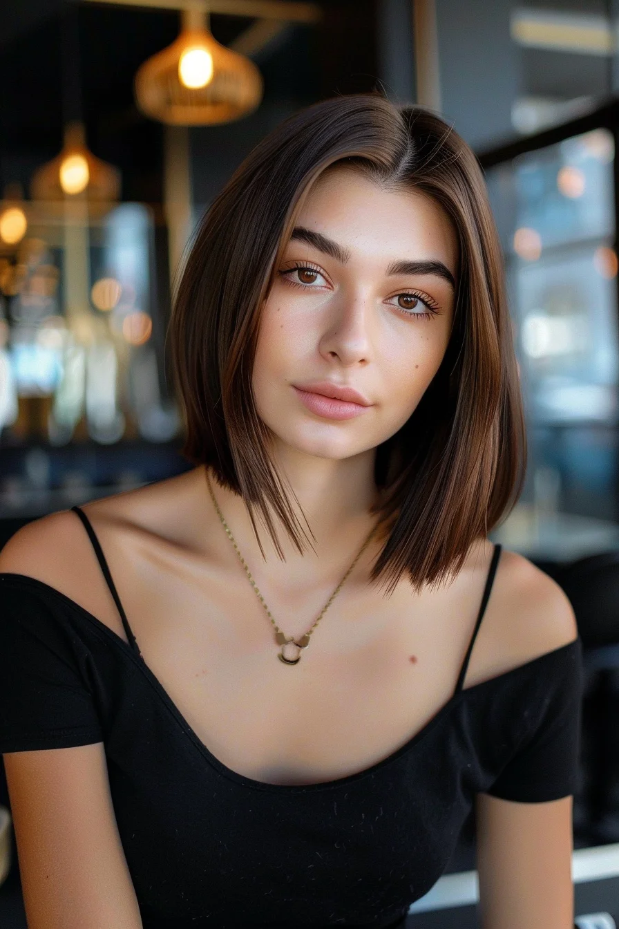 A straight, shoulder-length cut with a deep side part, adding volume and dimension to the look. The hair is a dark brown shade, featuring subtle balayage highlights that enhance the texture and give a sun-kissed effect. This hairstyle is both sophisticated and trendy.