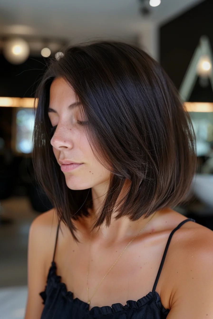 A smooth, shoulder-length bob with softly layered ends that create movement and texture. The hair is a deep, glossy brunette, exuding a rich and vibrant tone. This style is ideal for those seeking a classic yet contemporary appearance.