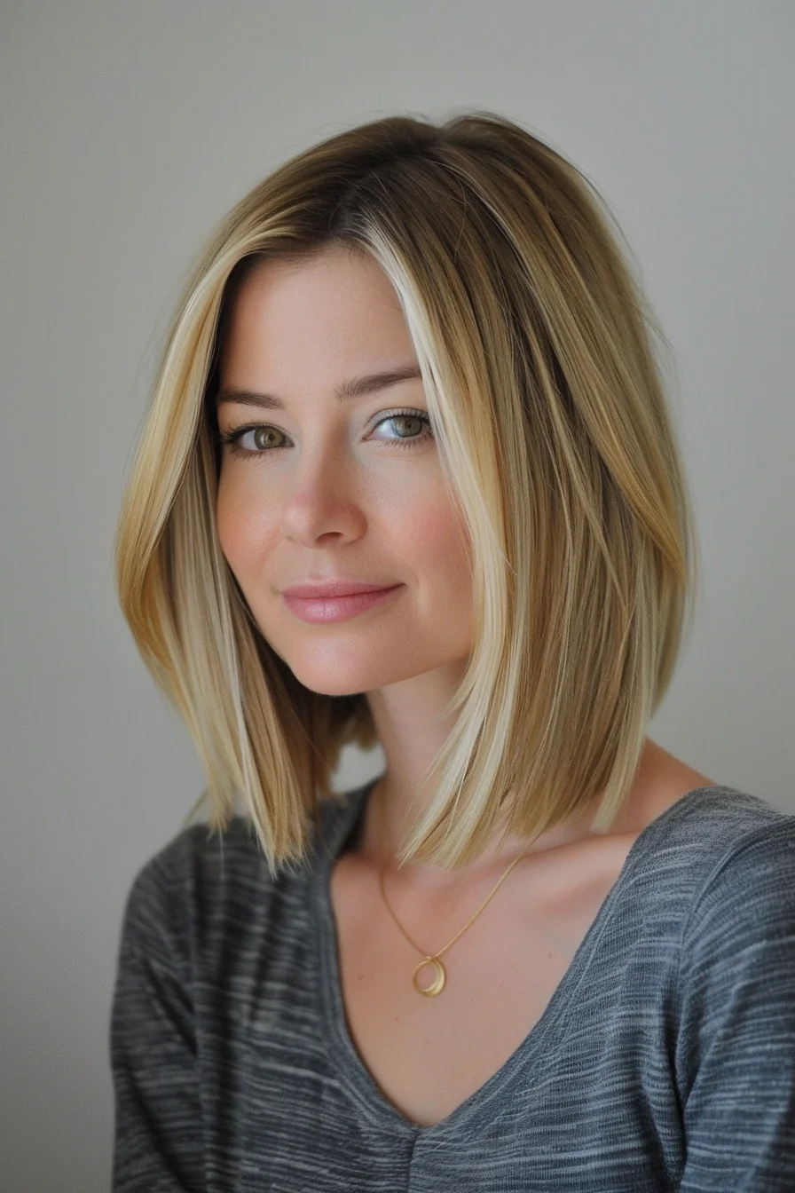 A straight, shoulder-length bob with a middle part, featuring a soft blend of blonde and honey tones. The color gradient creates a natural, sun-kissed look, enhancing the hair's dimension and shine. This hairstyle is chic and effortlessly stylish.