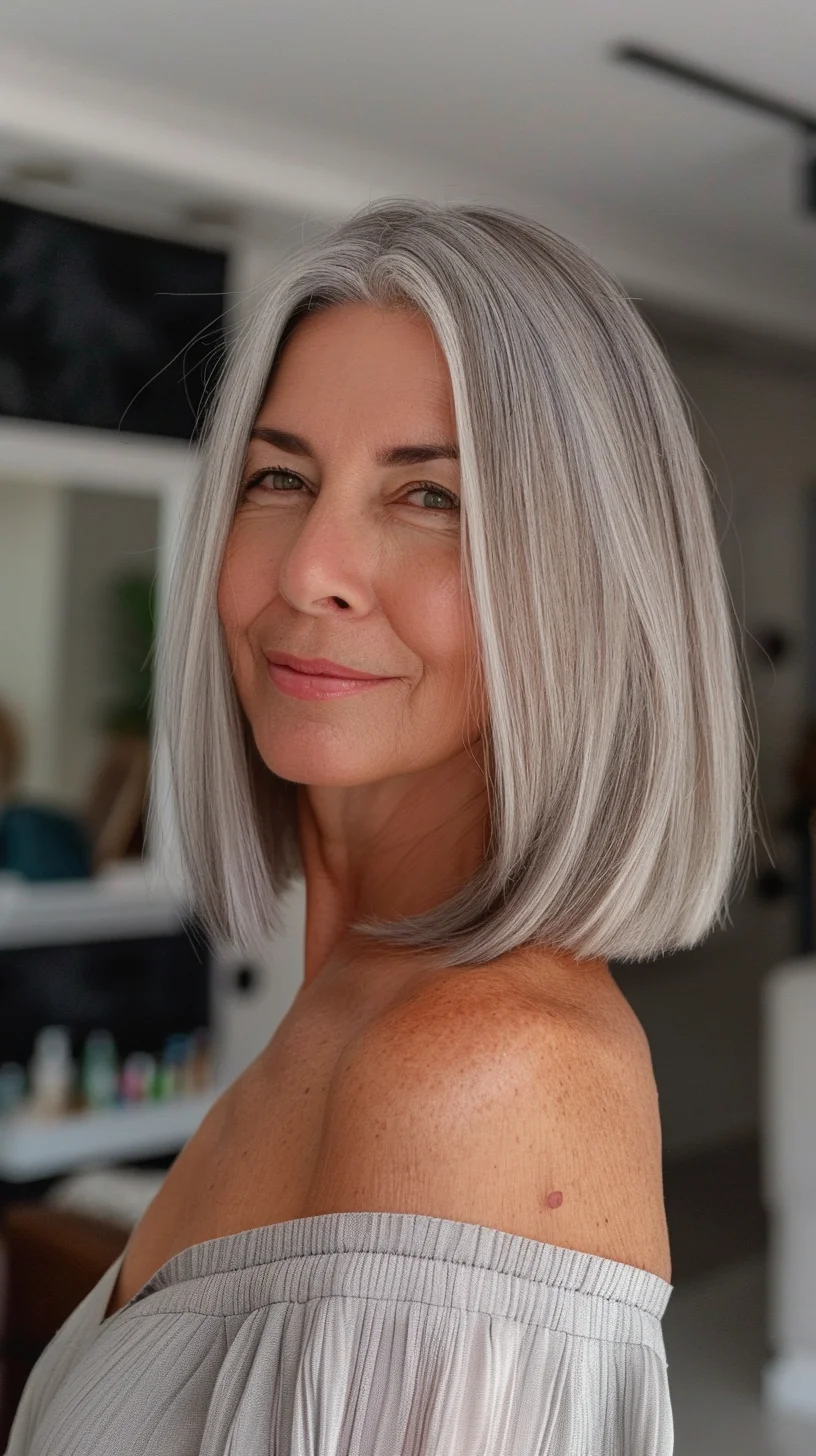 A shoulder-length bob with a middle part and grey hair, cut straight across the ends. The hair is naturally grey, offering a striking and elegant look that highlights the beauty of silver hair. This style is perfect for embracing natural beauty with confidence.