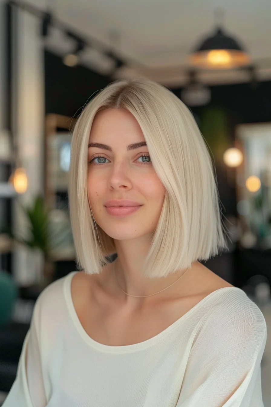 A sleek, shoulder-length bob with a middle part and light blonde color. The hair is uniformly colored in a cool, icy blonde, giving a fresh and modern vibe. This hairstyle is both bold and stylish, perfect for making a statement.