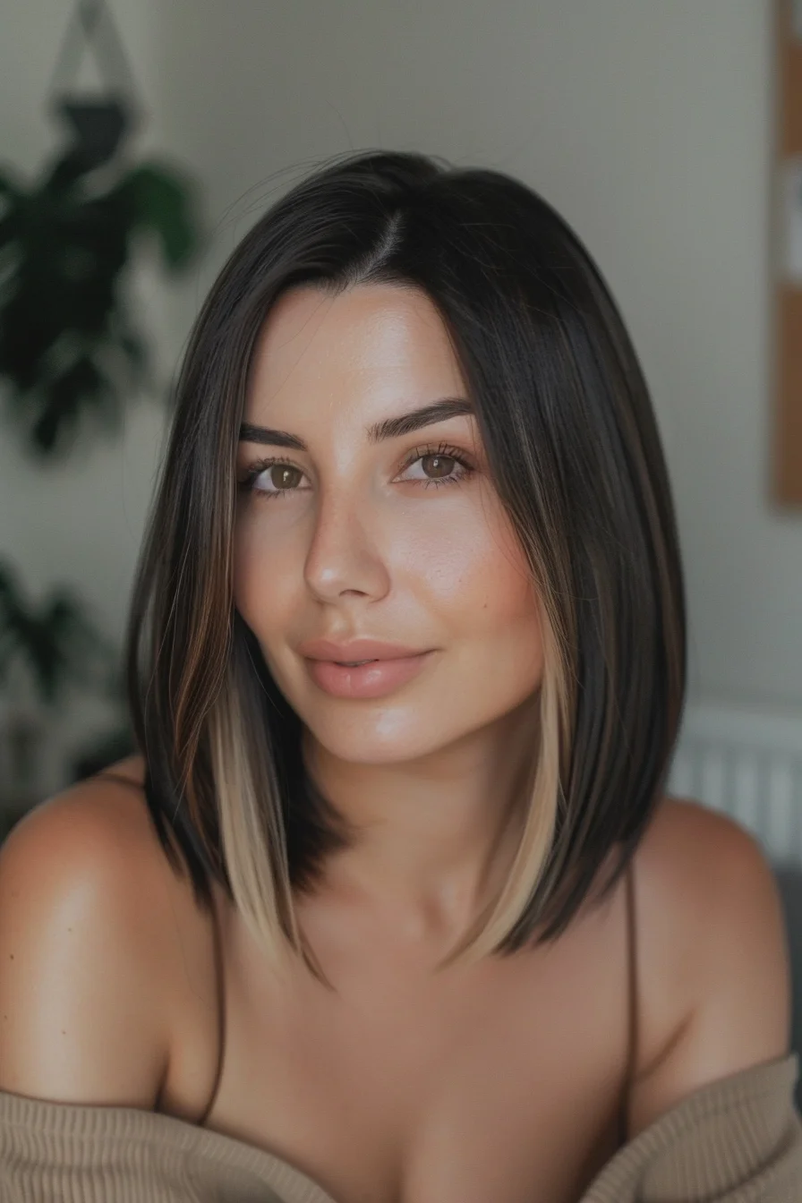 A straight, shoulder-length bob with a middle part, featuring dark brown hair with blonde face-framing highlights. The contrast between the dark base and light highlights adds depth and interest, making this a fashionable and eye-catching look.