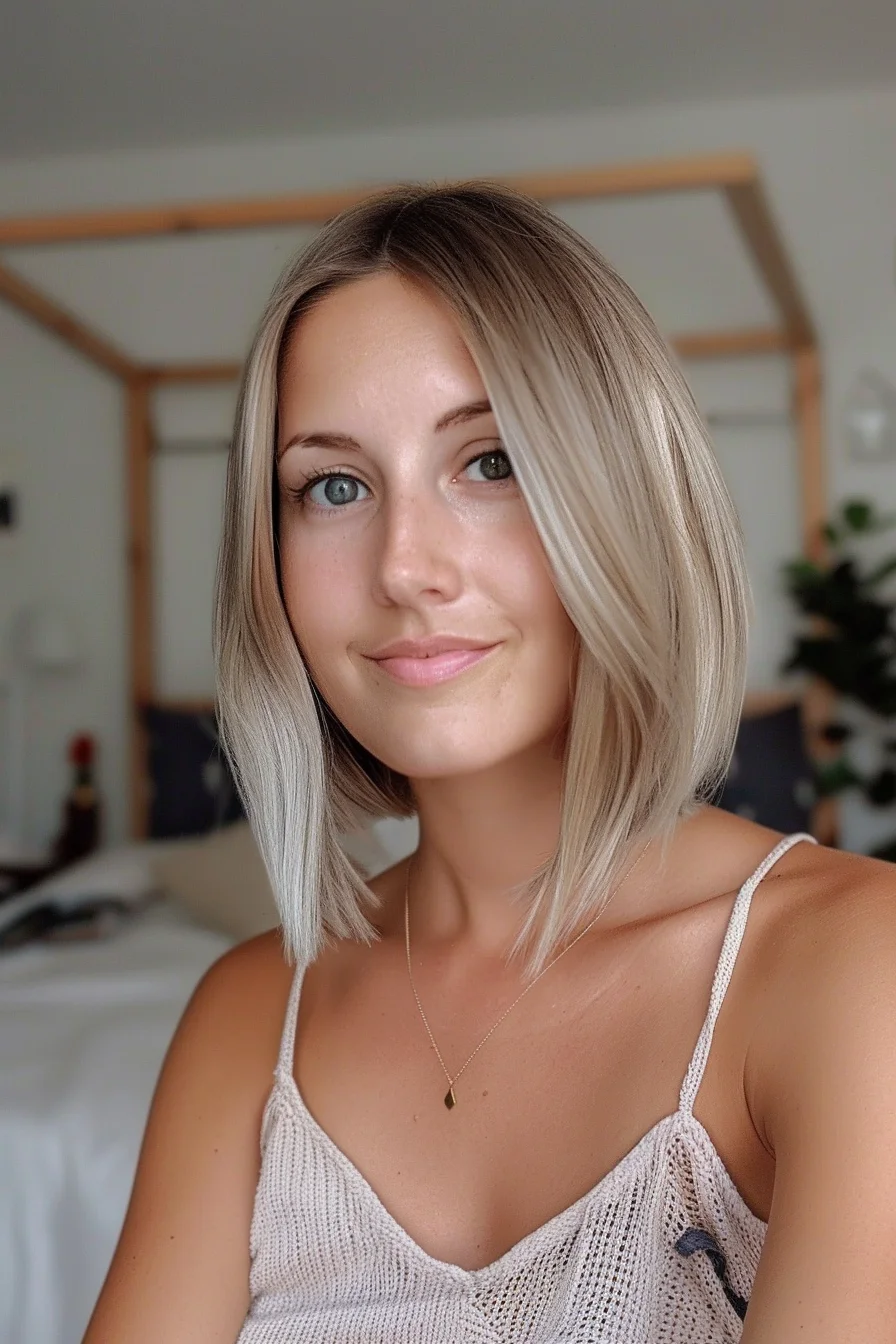 A smooth, shoulder-length cut with a slight wave and a middle part. The hair is a cool-toned ash blonde, creating a soft and sophisticated appearance. The subtle waves add movement and texture, making this hairstyle both elegant and versatile.