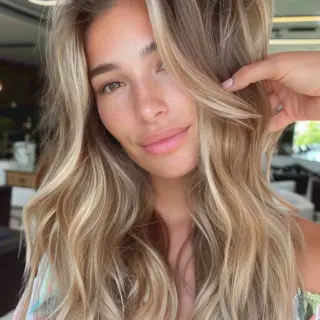 Voluminous waves cascade down, enhanced by light ash blonde highlights seamlessly blended into a darker root. This hairstyle combines depth and texture, ideal for those looking to add movement and lightness to their overall look.