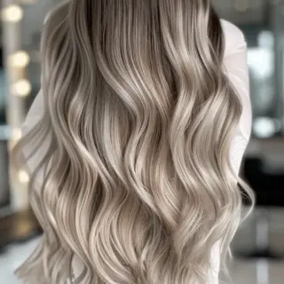 Soft, romantic curls effortlessly frame the face, highlighting the rich ash brown color that melts into lighter tips. The balayage technique is skillfully applied, creating a seamless transition that enhances the hair’s natural movement and texture. This look is perfect for those who want a chic, low-maintenance style that exudes elegance.