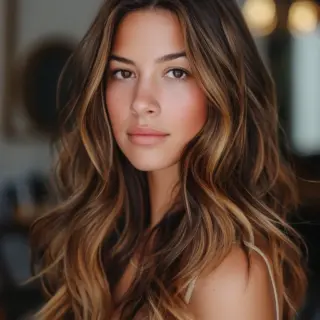 A beautifully layered cut paired with caramel highlights creates a dynamic and multidimensional effect. The soft waves add movement and volume, while the strategically placed highlights brighten the face and add a natural-looking radiance. This style is perfect for those looking to add a touch of warmth and light to their hair without a drastic change.