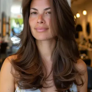 Featuring a subtle ombre that blends chocolate roots into warm brown sugar ends, this look achieves a seamless transition with soft waves that enhance the multi-tonal effect. The cut's simplicity, with its long layers and slight texture, lets the colors truly shine, offering a fresh and vibrant appeal.
