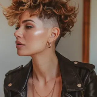 A daring, asymmetrical curly pixie with a dramatic undercut, where bold copper curls cascade over one side. The dynamic cut brings a fierce energy, while the rich, warm hues of copper and caramel elevate the curls with a sense of vibrancy and movement.