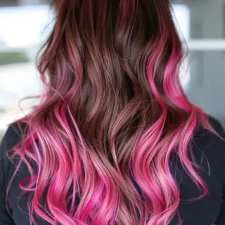 Sultry waves take on a rosy glow in this alluring style. Deep brown roots gradually transition into a mesmerizing mix of pink tones, ranging from soft blush to vibrant magenta. The strategically placed pink highlights create a sun-kissed effect, adding warmth and depth to the overall look. Tousled waves showcase the intricate color work, while the long length allows for versatile styling options.