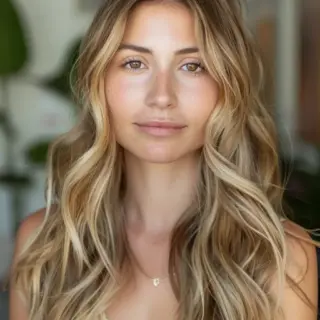Radiant honey tones illuminate this gorgeous long-layered cut, bringing warmth and vitality to the overall appearance. Subtle transitions from deeper roots to lighter ends create a natural, sun-drenched effect. Loose waves add texture and volume, giving the hair a relaxed, effortless vibe. Face-framing highlights brighten the complexion, while the mix of cool and warm blonde shades adds depth and interest.