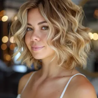 Loose, defined curls cascade into a jaw-length bob that exudes a fresh, youthful flair. The cut emphasizes fullness around the cheeks, creating a flattering shape that complements a variety of face shapes. A light, sandy blonde balayage infuses the look with a soft, radiant effect, perfect for a sunny disposition.