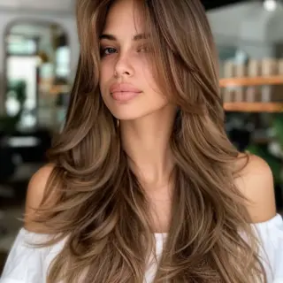 Long, voluminous layers cascading down with an airy, effortless flow. The rich caramel hue is subtly highlighted, adding depth and dimension throughout. Soft, face-framing layers enhance the overall softness and movement of the style, making it an excellent choice for those seeking a luxurious, yet laid-back vibe.