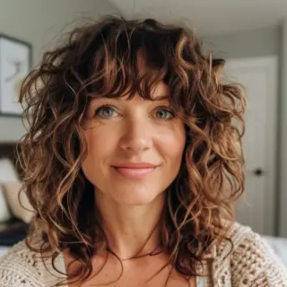 Medium-length curls are styled in a loose, carefree manner, with bangs that graze the eyebrows, adding a playful, youthful touch. The warm caramel tones bring out the best in the curls, enhancing their natural shape and movement. This cut is ideal for anyone looking to keep things light and breezy while still making a statement with their natural texture.
