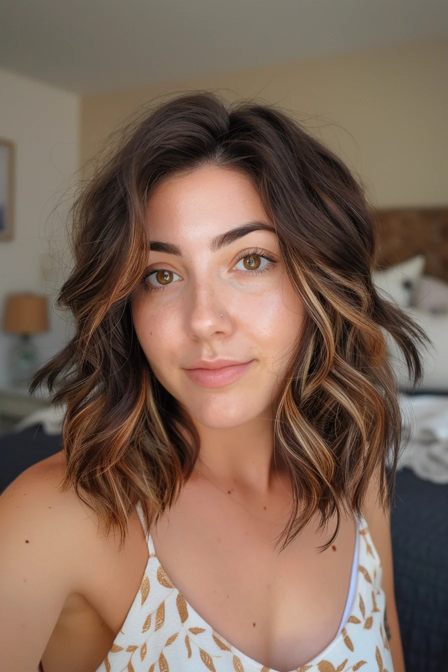 Loose waves paired with rich caramel highlights bring a touch of warmth and dimension to this shoulder-length cut. Soft curls are delicately tousled, giving a casual yet polished vibe that’s effortlessly chic. The color placement enhances the natural movement, creating a sun-kissed glow that brightens the face.