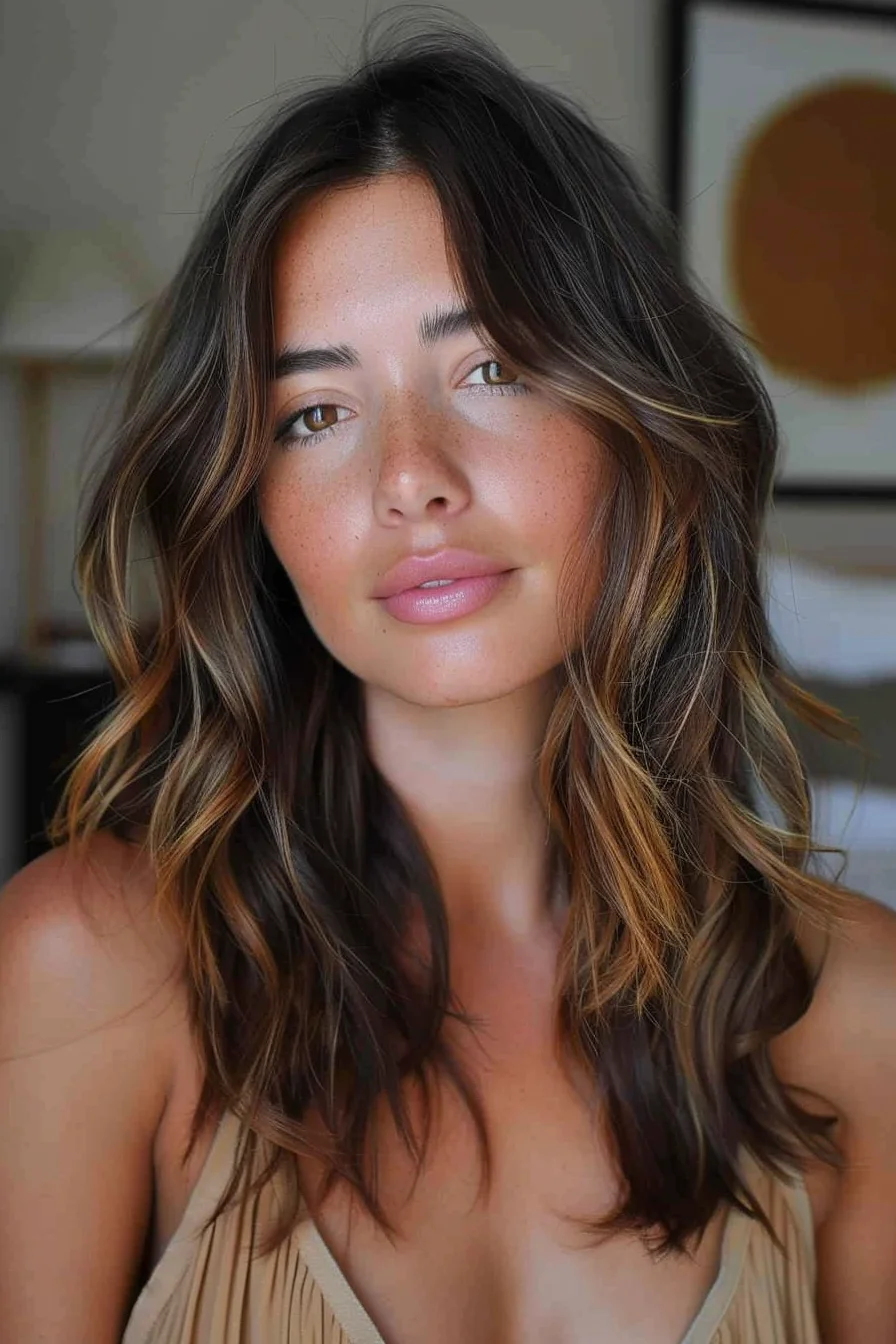 A casual, lived-in wave pattern meets soft caramel highlights in this shoulder-length style. The highlights are blended subtly, enhancing the hair’s natural texture and adding a hint of brightness. This style radiates a carefree, beachy vibe, making it a go-to choice for those seeking an effortlessly chic appearance.