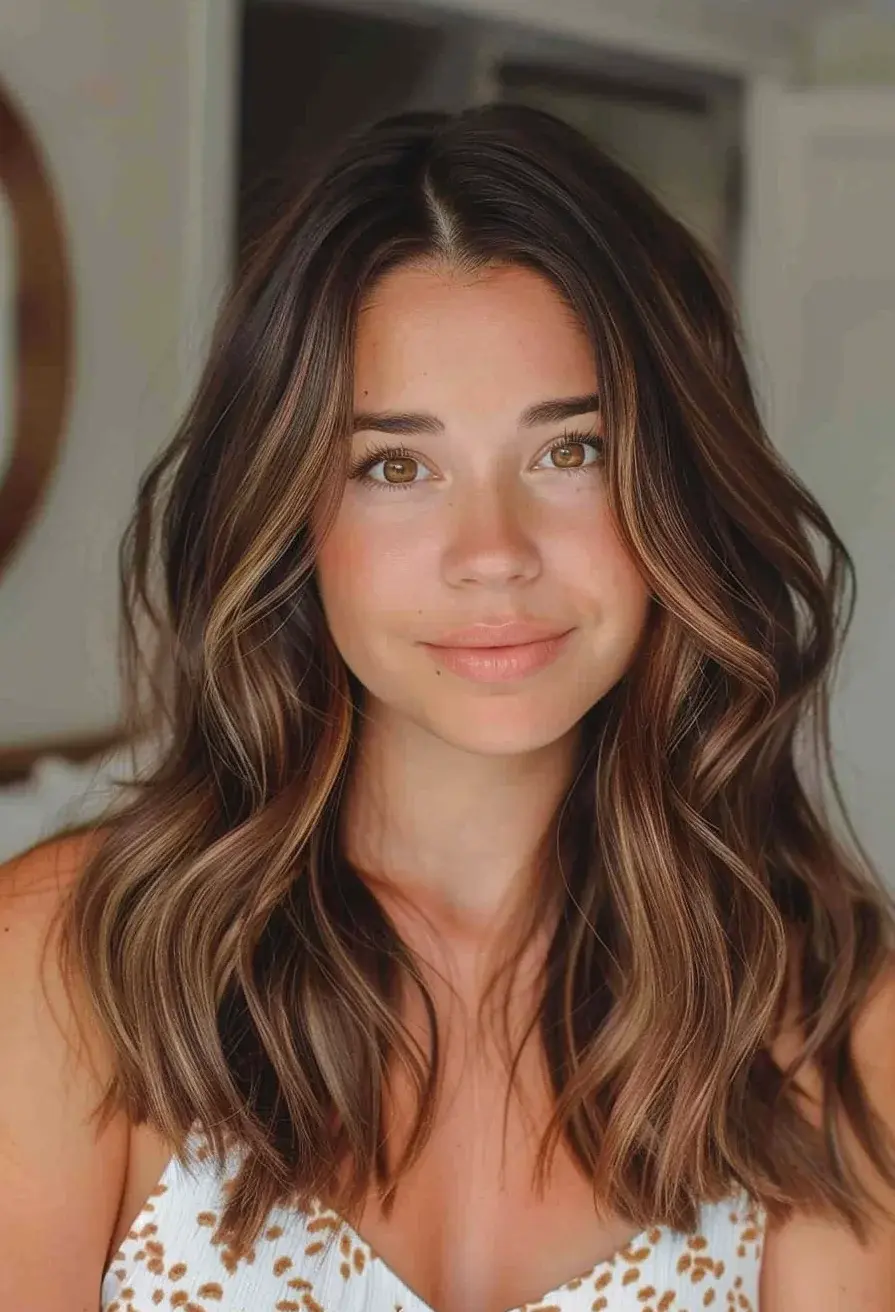 With cascading waves that fall effortlessly, caramel highlights are perfectly blended into a dark brown base, creating a striking yet natural look. The highlights are concentrated around the mid-lengths and ends, adding a warm, sunlit effect that enhances the overall movement of the hair. It’s a modern twist on classic waves.