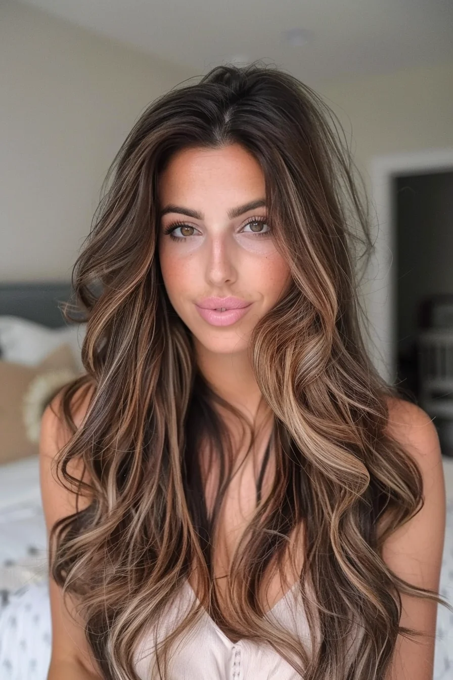 Long, flowing curls are beautifully accented with soft caramel highlights that bring out the best in a deep brown base. The highlights are placed to frame the face and add brightness, giving a radiant glow to the overall look. The result is a harmonious blend of warm tones and voluminous curls that feels both fresh and timeless.