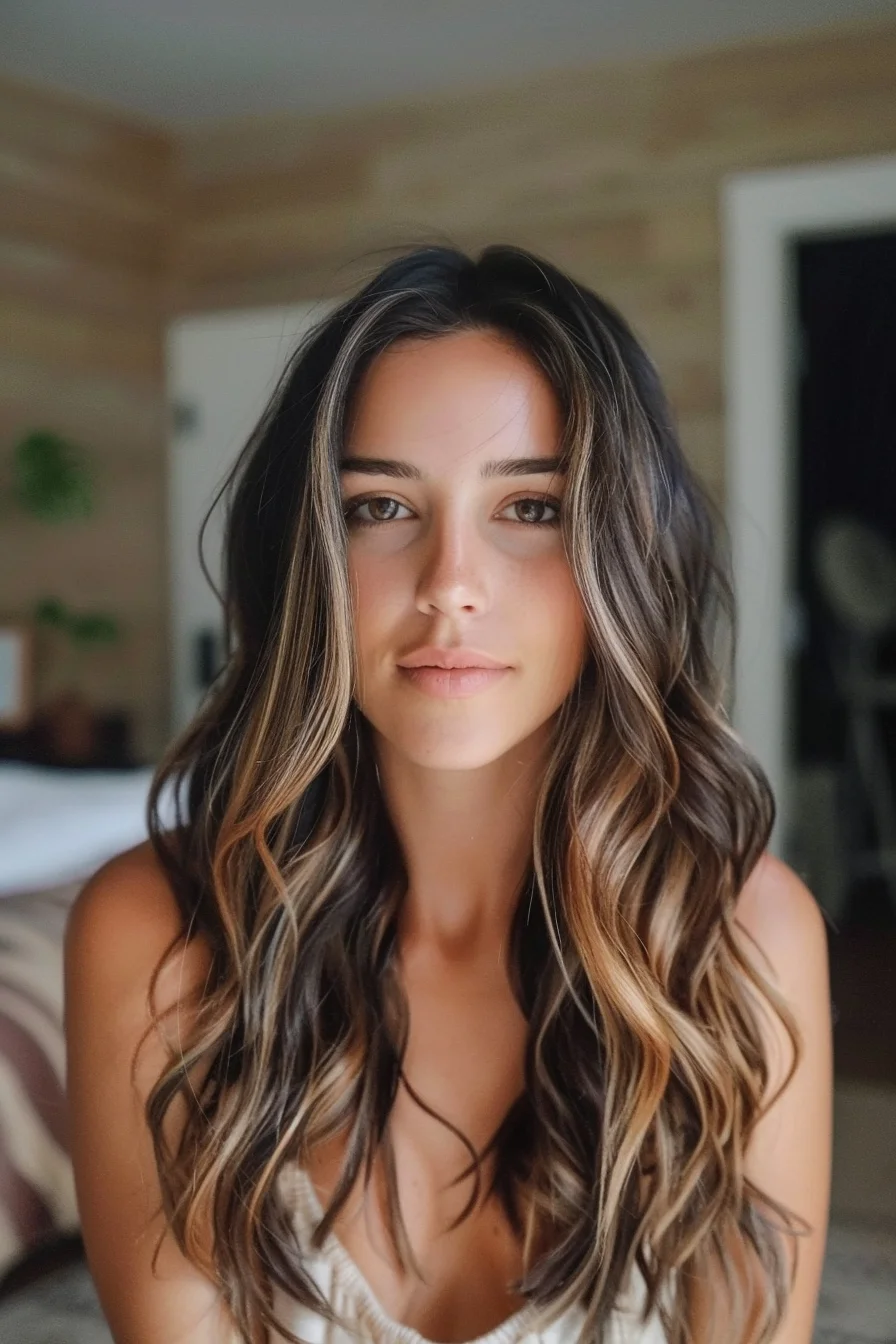 Long, flowing waves are enhanced with caramel highlights that artfully weave through a deep brown base, adding just the right amount of warmth. The highlights are thoughtfully placed to catch the light, creating a natural, sunlit effect that brightens the overall look without overpowering it.