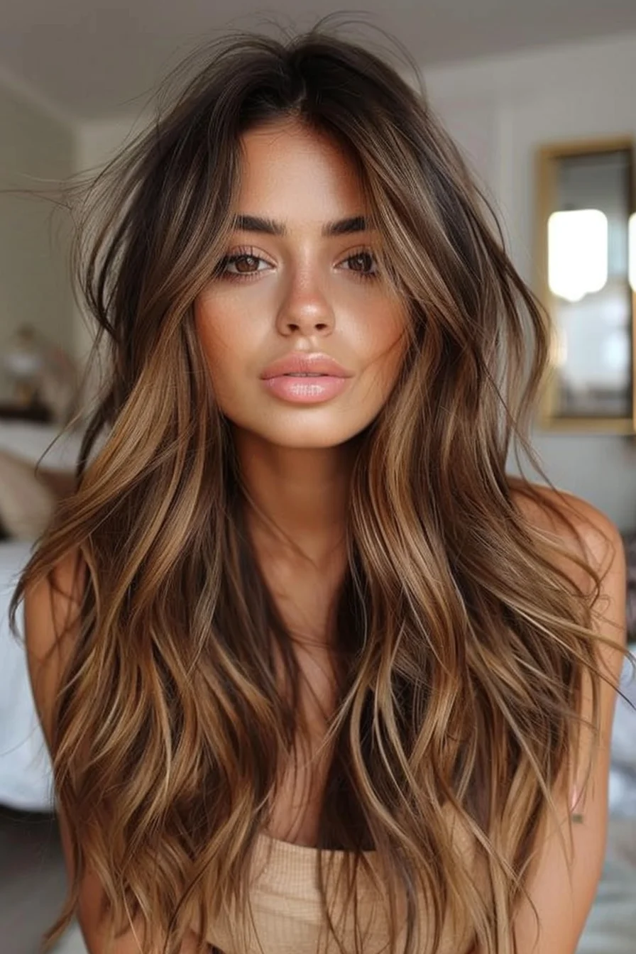 Soft, voluminous waves cascade effortlessly, featuring a blend of warm caramel highlights that perfectly complement the rich brown undertones. The highlights are subtly blended, offering a luminous glow that frames the face beautifully. This style brings a relaxed yet refined touch that’s easy to maintain.