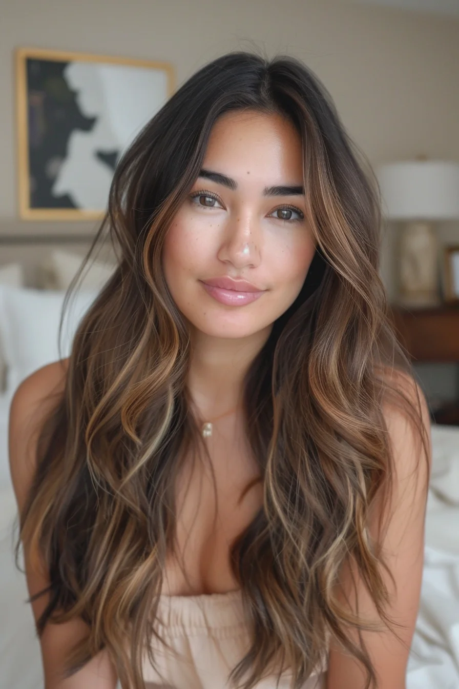 Caramel highlights add a radiant touch to these relaxed waves, creating a look that’s both beachy and sophisticated. The highlights are delicately blended with the darker base, offering a subtle contrast that enhances the natural movement of the hair. The result is a harmonious, sun-kissed appearance that feels fresh and vibrant.