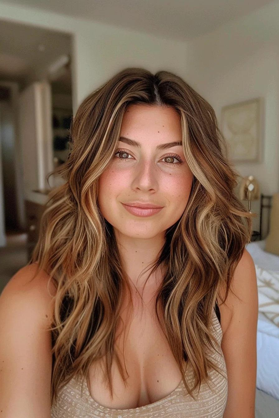 This long, wavy style is brought to life with caramel highlights that are seamlessly blended into the brown base, adding dimension and a hint of brightness. The highlights softly frame the face and enhance the natural waves, creating a soft, feminine look that’s perfect for everyday wear or special occasions.