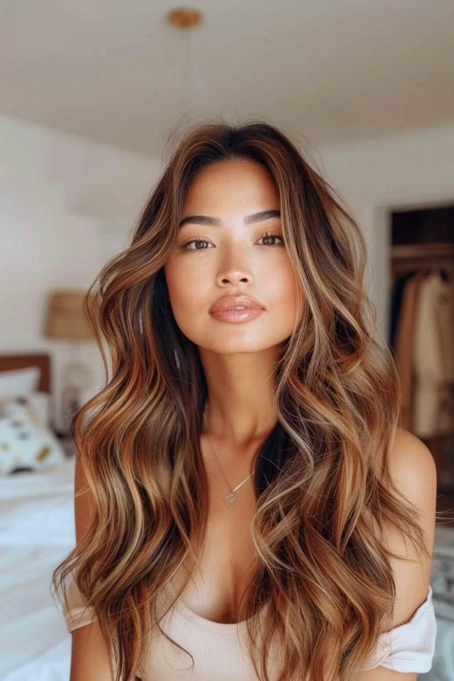Gently tousled waves are given a brightening boost with warm caramel highlights that effortlessly blend into the brown base. These highlights are strategically placed to catch the light, adding depth and a touch of radiance to the overall look. It’s a versatile style that exudes a laid-back yet polished vibe.
