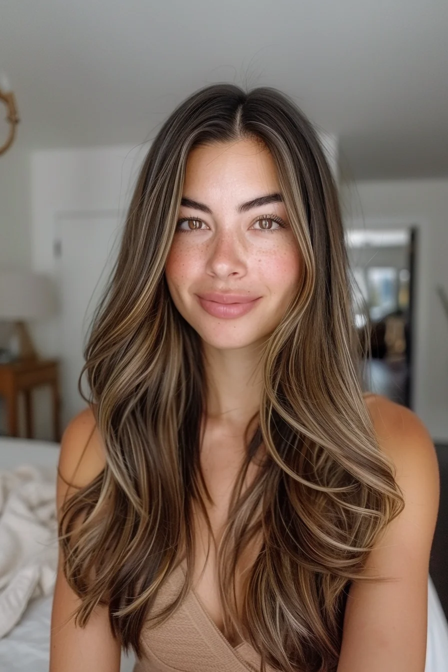 Rich caramel highlights are woven through long, cascading waves, enhancing the natural texture and adding a sun-kissed glow. The warm tones play beautifully against the darker base, creating a look that’s both dynamic and harmonious. This hairstyle is all about embracing natural movement and subtle, luminous color.