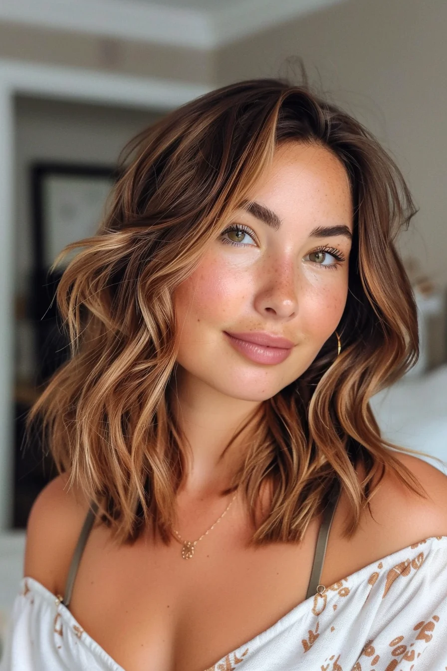 A shoulder-length bob with tousled curls is elevated with subtle caramel highlights that blend seamlessly into the rich brown base. This combination adds depth and a touch of brightness, making the hair look fuller and more vibrant. The waves are gently defined, creating a soft, touchable texture that exudes laid-back charm.