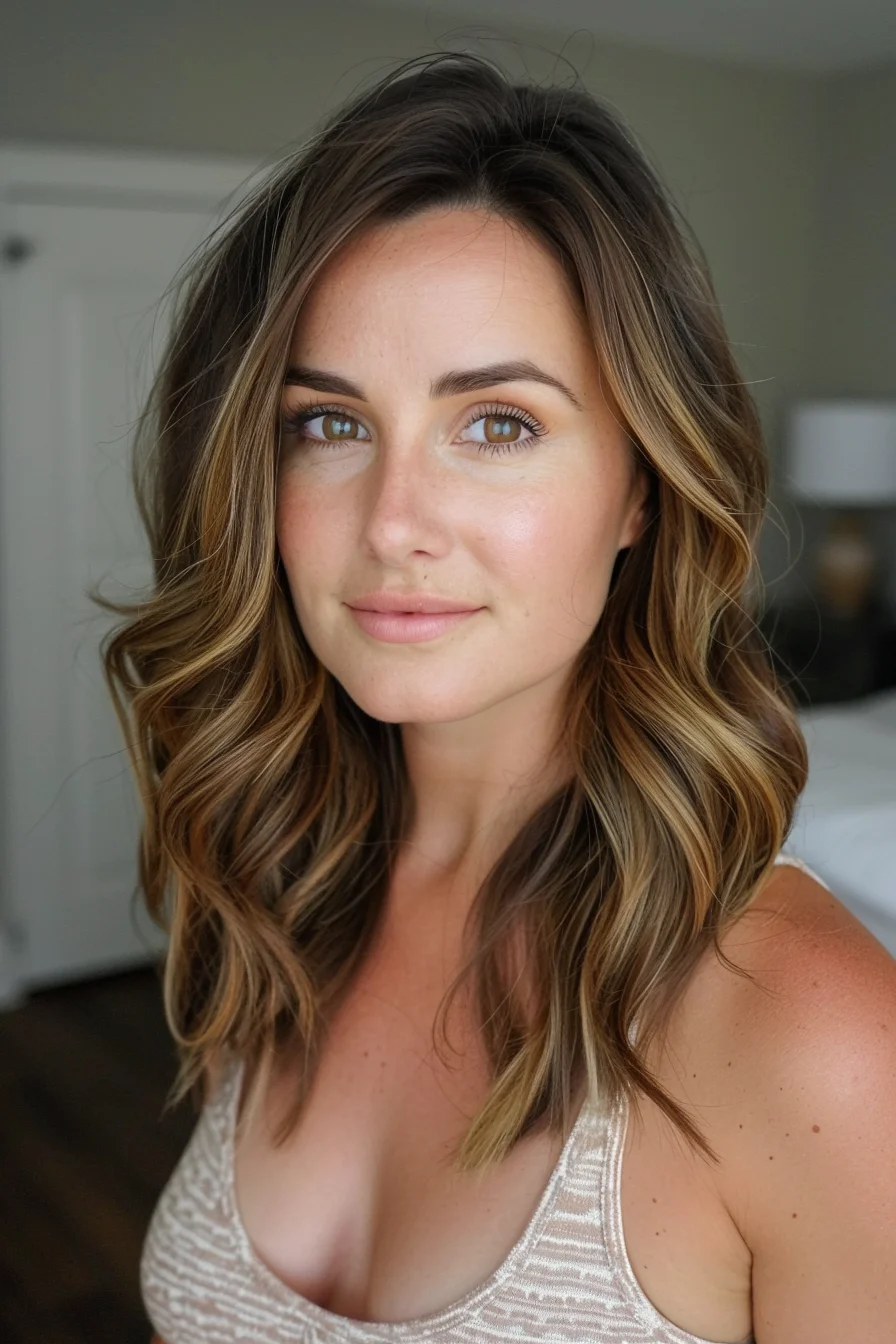 Soft, tousled waves meet subtle caramel highlights that blend beautifully into a warm brown base, giving this shoulder-length cut a touch of brightness without overwhelming the natural color. The highlights are strategically placed to enhance movement and add a gentle, sun-kissed finish, perfect for a casual, everyday style.