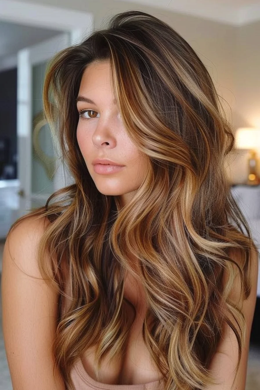 Loose, voluminous waves are elevated with bold caramel highlights that sweep through the rich brown hair, creating a dynamic play of light and shadow. These highlights are concentrated around the front and mid-lengths, adding a brightening effect that enhances the natural waves and gives the style a modern, glamorous touch.