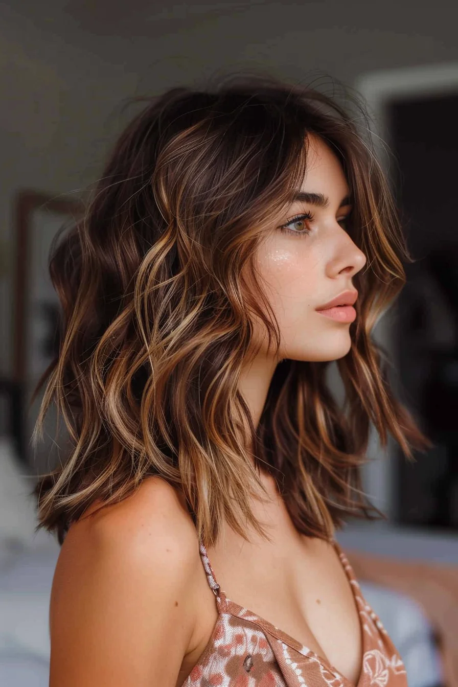 Choppy waves meet warm caramel highlights in this edgy, shoulder-length cut. The highlights are blended seamlessly to add depth and movement, creating a look that’s full of texture and dimension. This style is perfect for those who love a laid-back, undone vibe with a hint of brightness to keep things fresh.