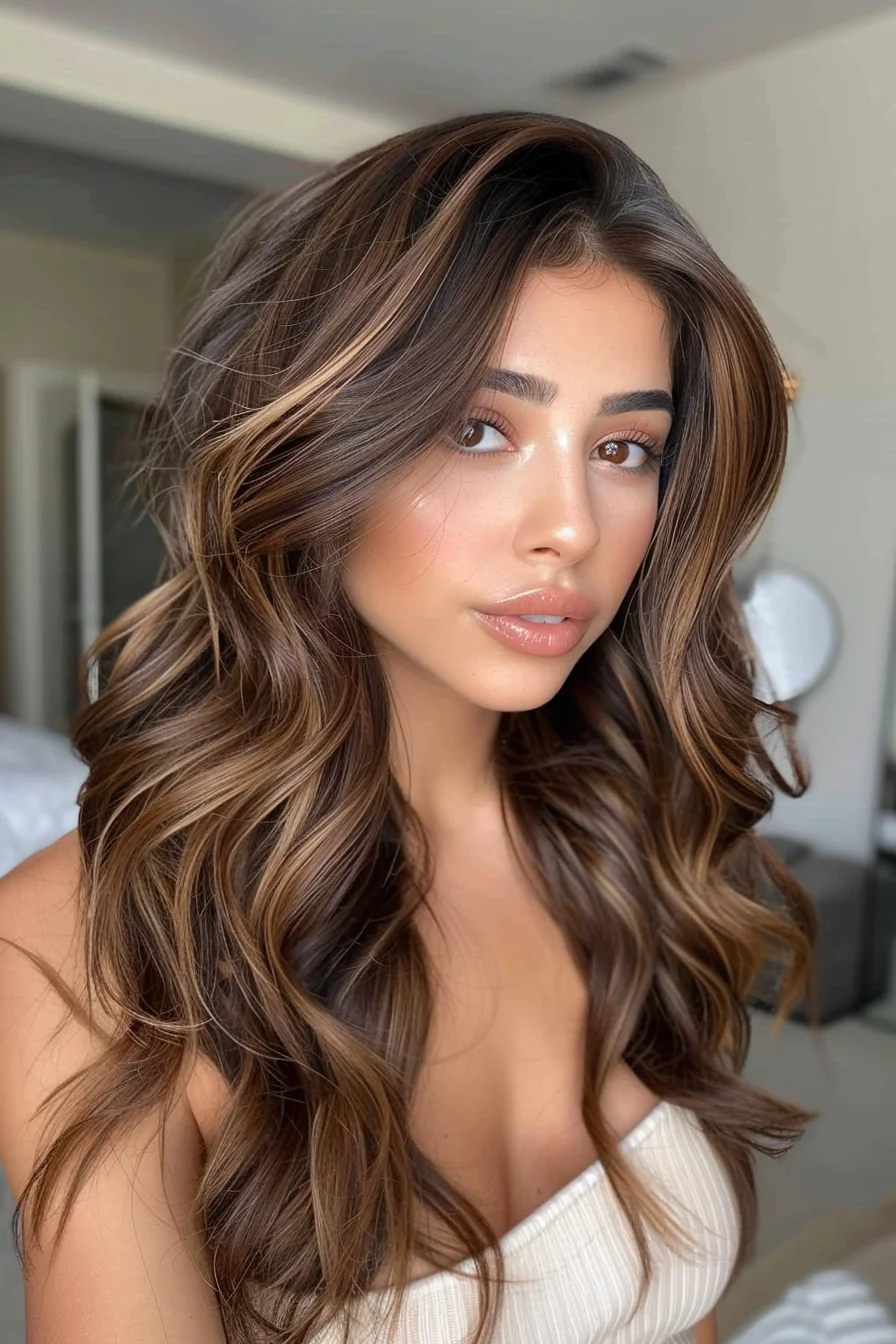This hairstyle features long, voluminous waves with a deep brown base and striking caramel highlights. The highlights are placed predominantly around the face, creating a brightening effect that complements the warm skin tone. The hair's texture is soft and full, adding to the overall luscious appearance.