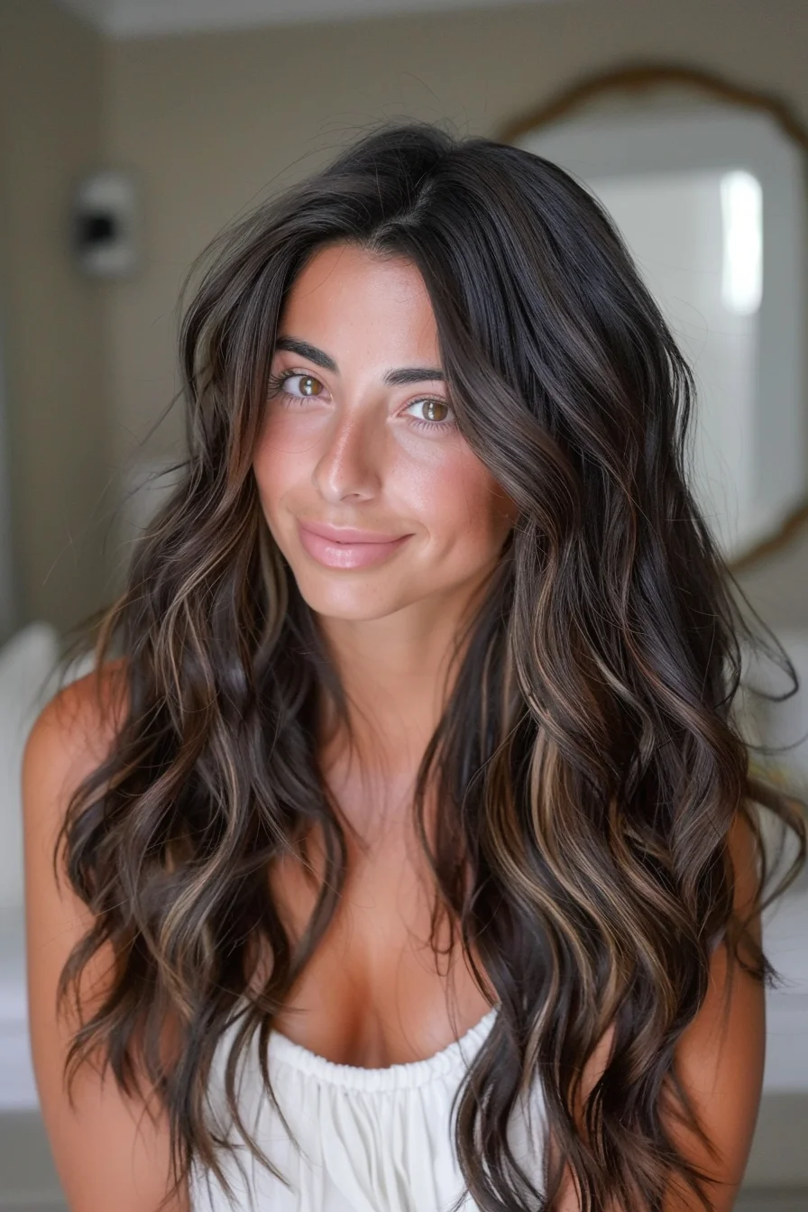This hairstyle is styled in loose, relaxed curls that cascade down past the shoulders. The dark brown base is subtly enhanced with lighter caramel strands, particularly around the front, adding dimension and softness to the overall look. The highlights are well-blended, providing a natural, sun-kissed effect.