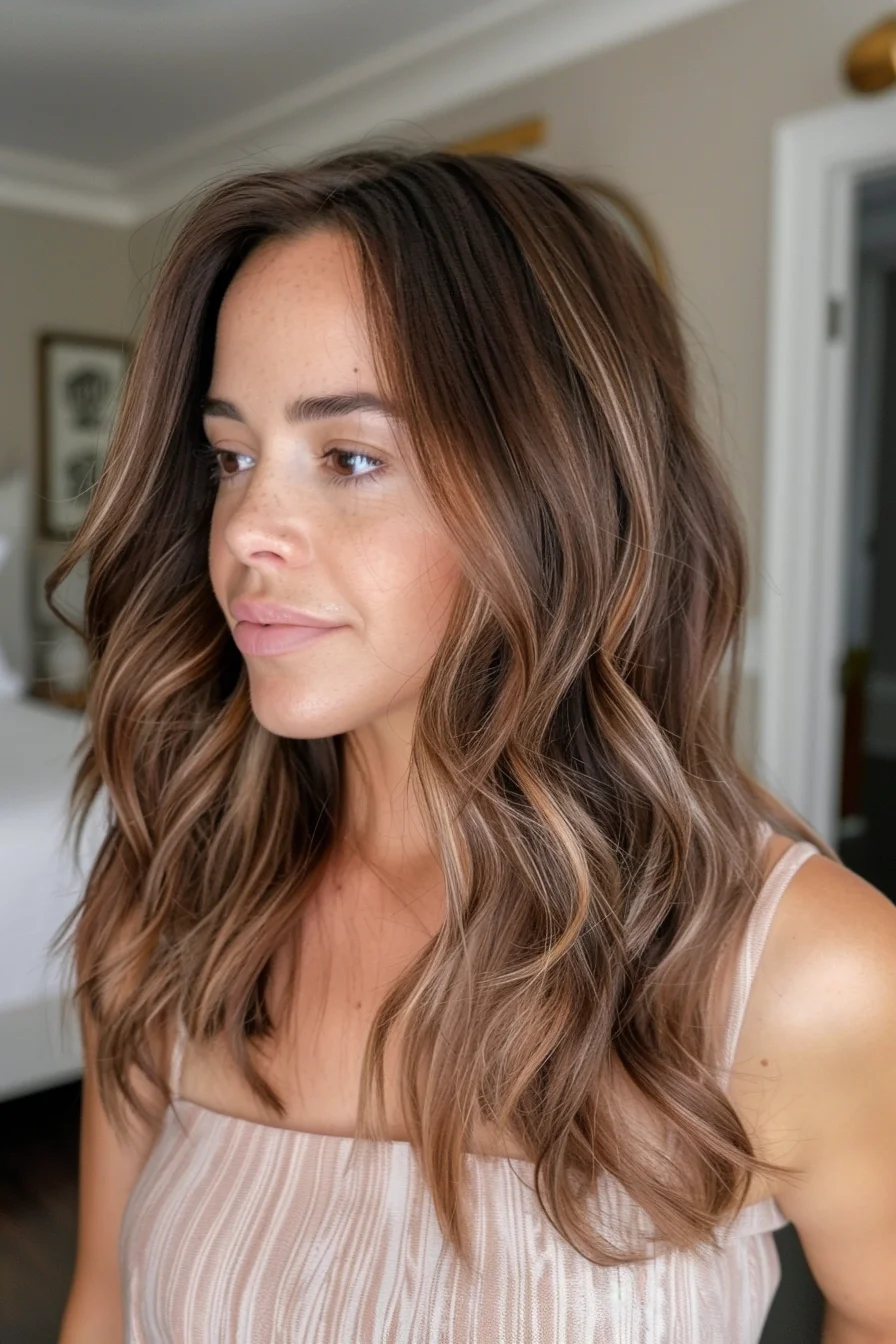 This look showcases shoulder-length hair styled with soft waves and a side part. The hair is a medium brown shade with evenly distributed caramel highlights, giving the style a warm, multidimensional appearance. The highlights add a lightness to the hair, enhancing the texture and movement of the waves.