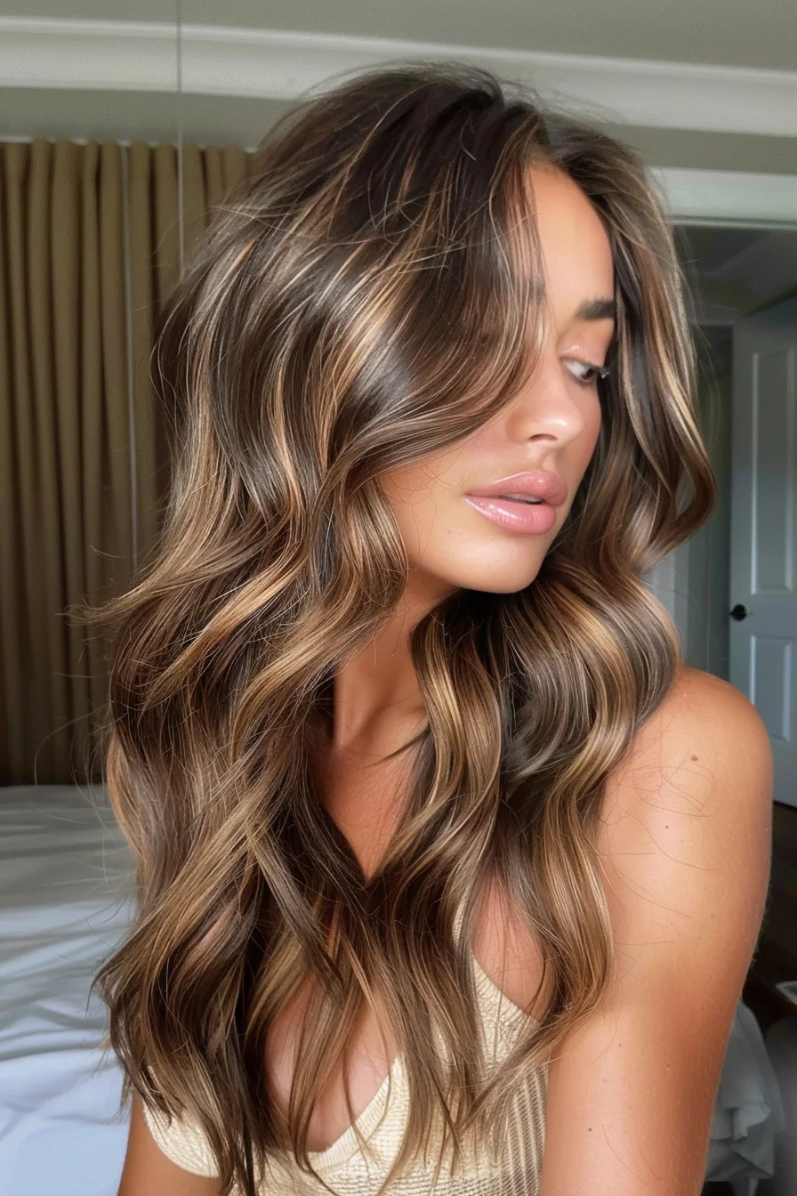 This hairstyle features long, loose waves with a rich, dark brown base color. Caramel highlights are woven throughout, with a focus on the mid-lengths and ends, creating a gradual, natural lightening effect. The overall appearance is full and vibrant, with the highlights adding depth and a touch of warmth.
