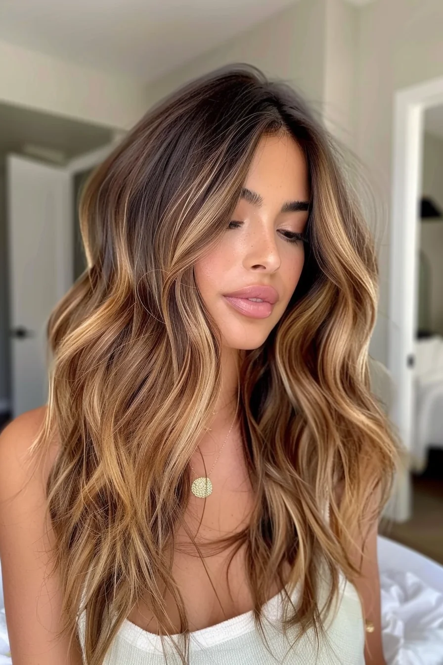 Long, cascading waves are transformed with beautifully blended caramel highlights, adding a dynamic interplay of light and shade. The warm tones seamlessly melt into the deep brown base, enhancing the natural wave pattern and providing a sunlit dimension that feels both glamorous and natural. This style is all about effortless sophistication.