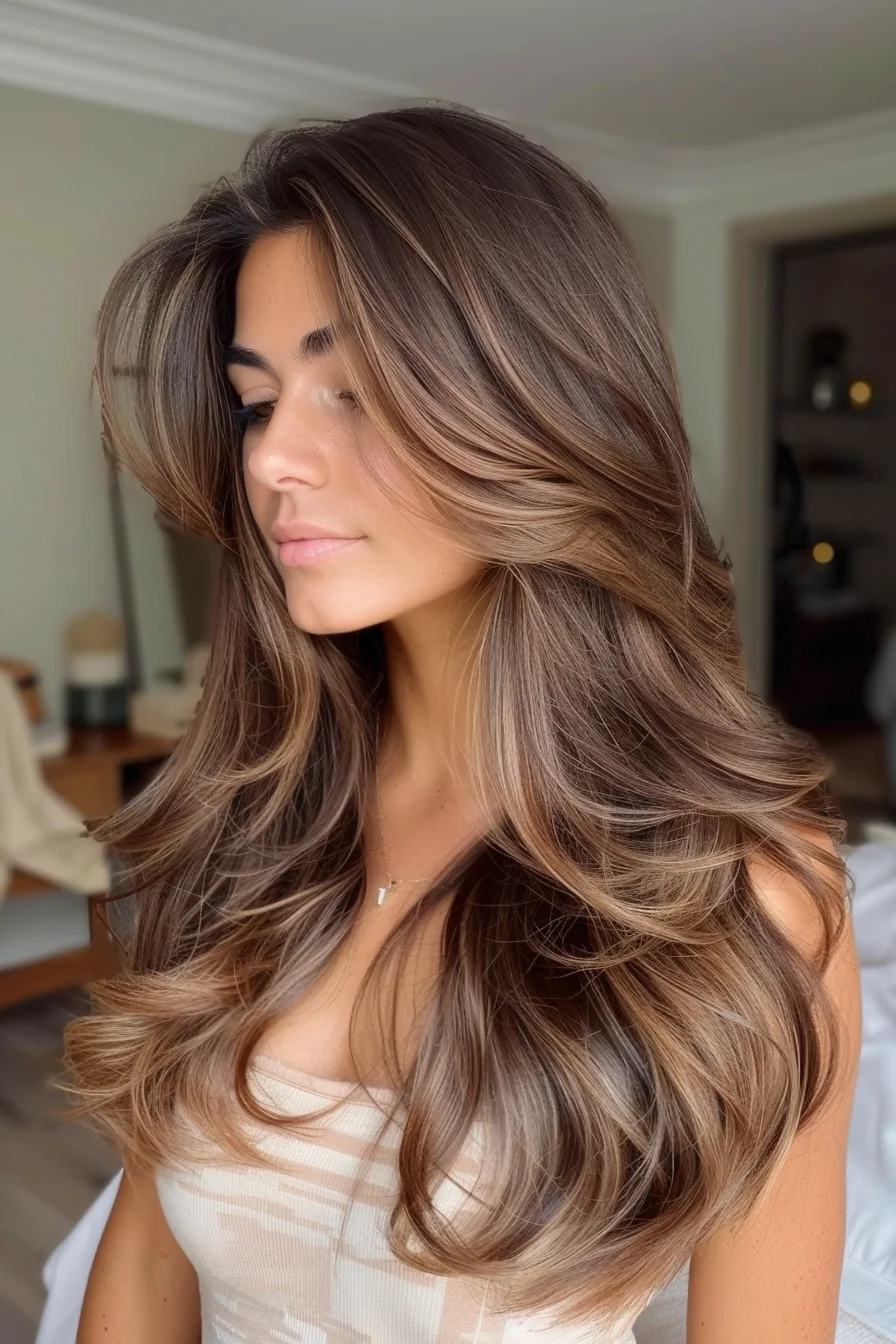The hair is styled in soft, cascading waves that fall gracefully past the shoulders. The dark brown base is enhanced with subtle caramel highlights that are concentrated around the face and lightly scattered throughout the rest of the hair. The result is a balanced, dimensional look that complements the model's complexion beautifully.