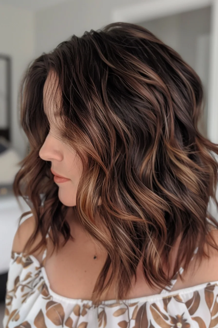 The hair features deep brown tones with caramel highlights that add dimension and warmth. The style is a wavy lob, giving a voluminous yet relaxed look. The soft waves enhance the highlight transitions, making them look natural and blended.