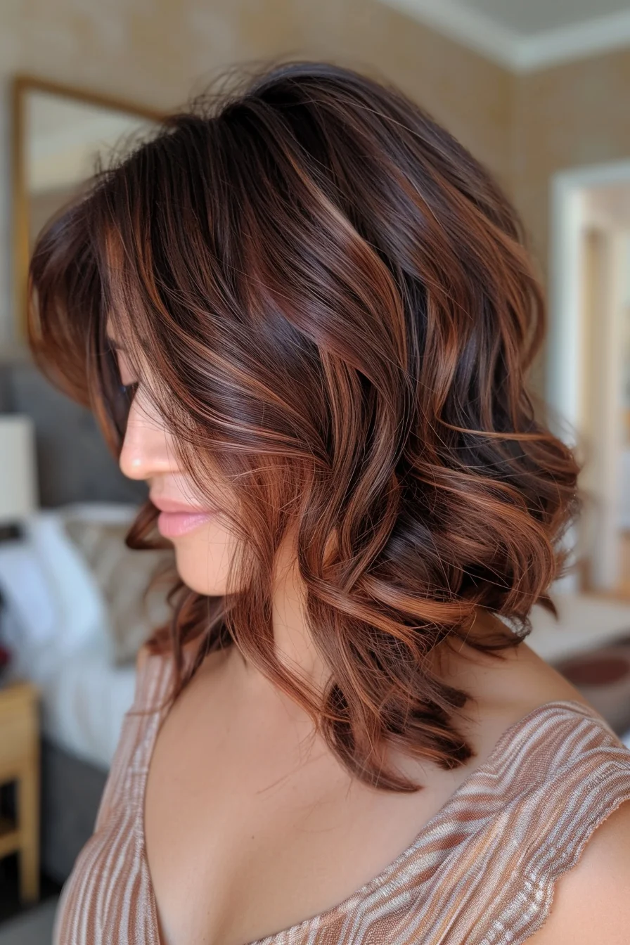 This style showcases medium-length hair with a mix of light caramel and chocolate brown highlights. The hair is styled in soft, loose waves, adding a gentle movement. The highlights are more prominent near the face, brightening the overall look.