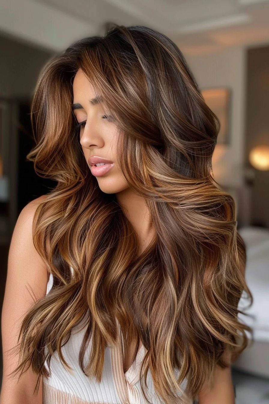 The hair is styled in a layered cut with a soft, tousled look. The caramel highlights are interspersed throughout the dark brown base, creating a sun-kissed effect. The layers add texture, and the highlights accentuate the movement in the hair.
