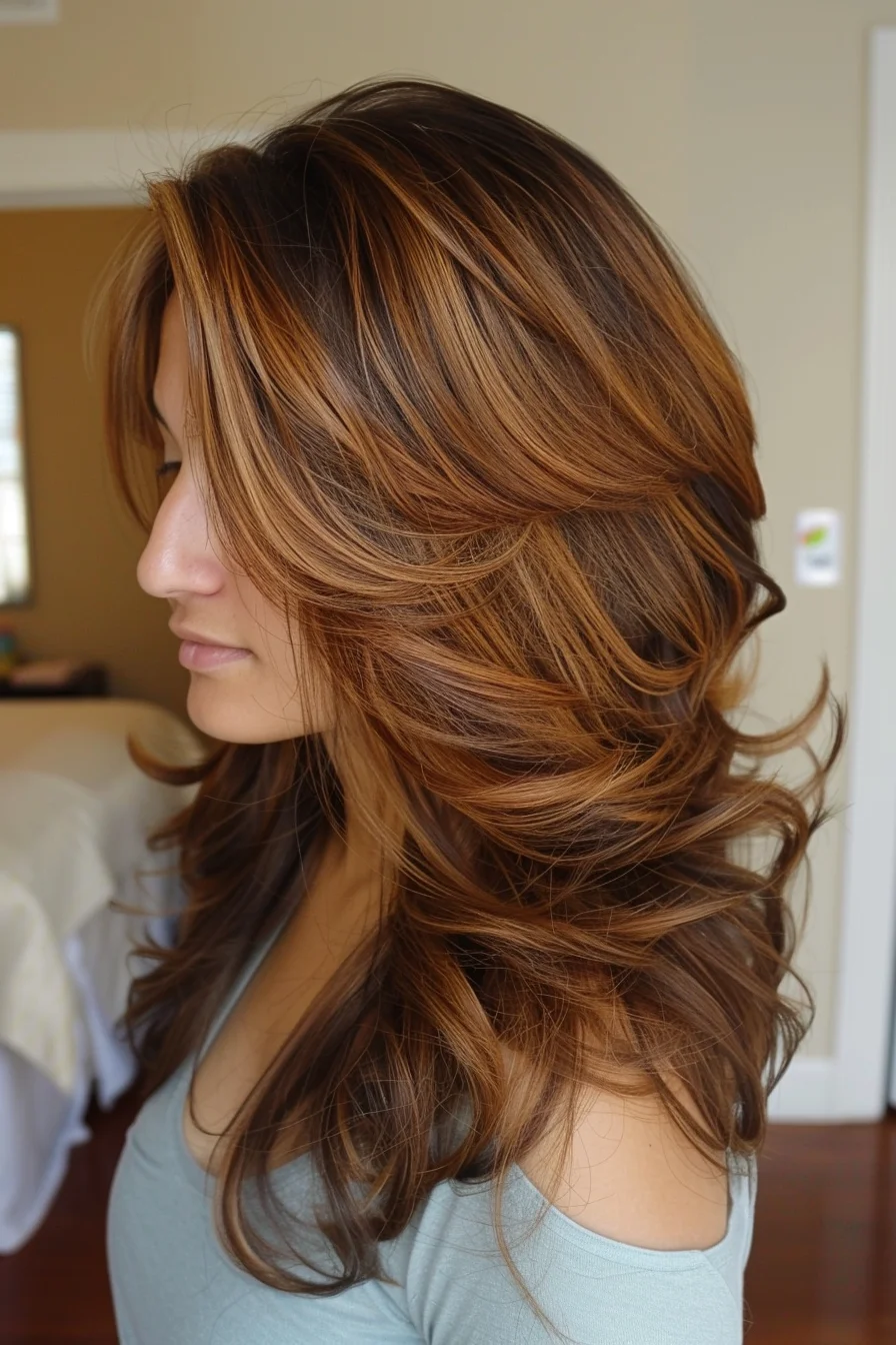 This hairstyle features a darker brown base with subtle caramel highlights concentrated towards the ends. The hair is styled in loose curls, adding bounce and volume. The highlights are delicate, providing a hint of brightness without overpowering the natural color.