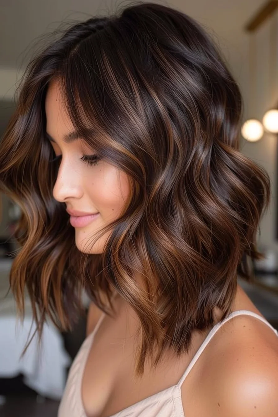 This hairstyle features a soft, wavy bob cut with rich dark brown hair accented by subtle caramel highlights. The highlights are evenly distributed, adding depth and dimension to the overall look. The hair is styled in loose waves that frame the face beautifully, creating a natural and effortless vibe.