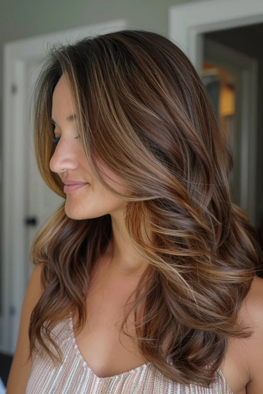 This look features long, flowing waves with a deep brown base and golden caramel highlights. The highlights are more pronounced towards the ends of the hair, creating a beautiful gradient effect. The waves are voluminous and bouncy, with a glossy finish that adds to the luxurious feel of the hairstyle. The overall look is glamorous and perfect for adding warmth and light to dark brown hair.