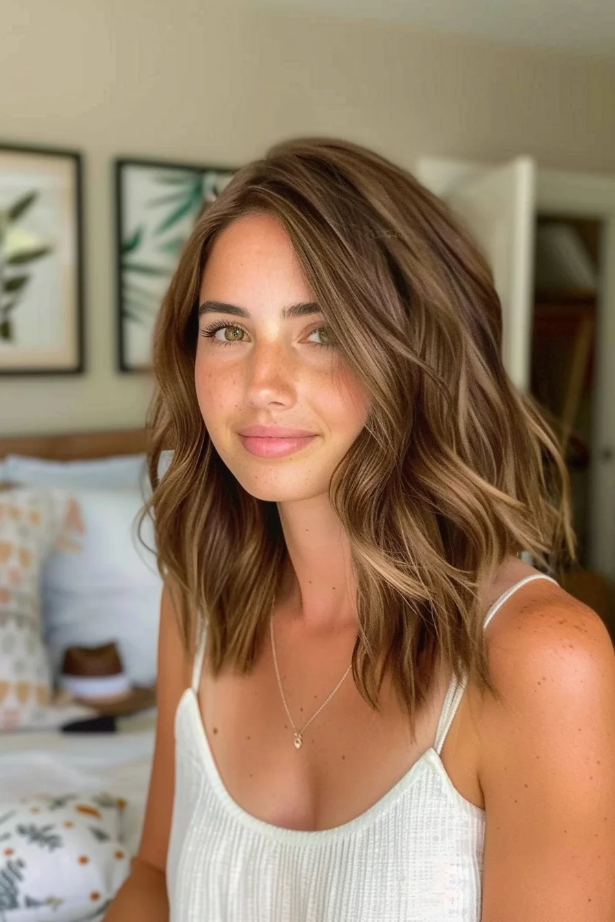 Soft, loose waves give this medium-length haircut a relaxed and carefree feel, with caramel highlights subtly woven through to create a multidimensional effect. The highlights are delicately placed to catch the light, enhancing the natural movement of the hair and giving it a glossy, beachy finish that’s perfect for any season.
